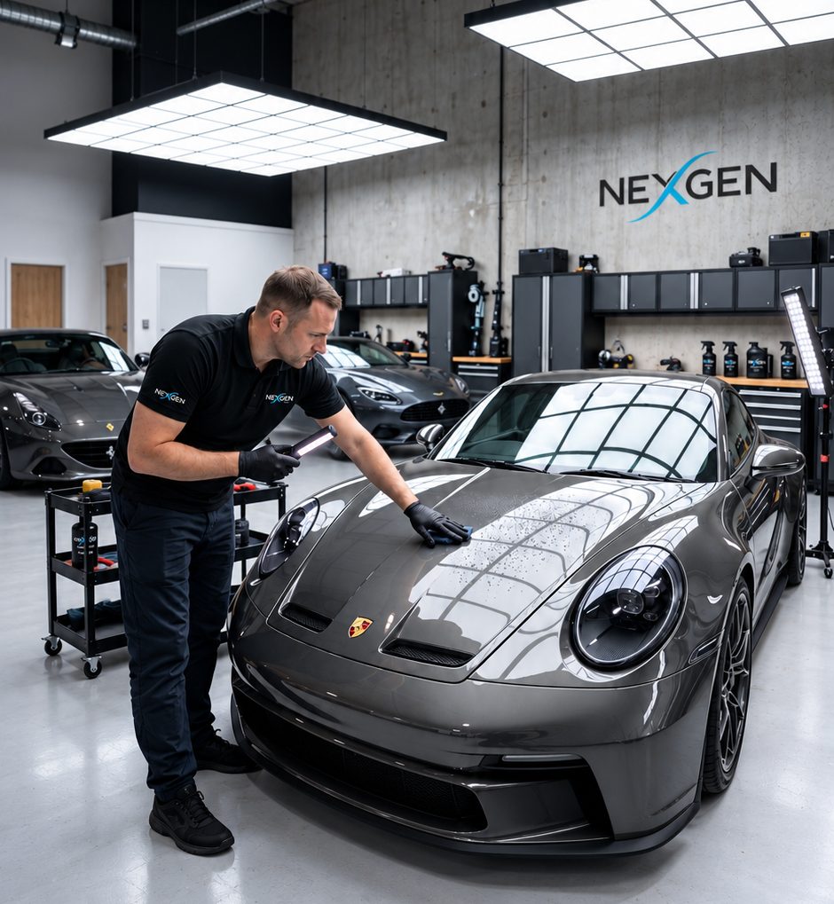 A NexGen technician finishing the hood of a car in a dealership detail bay